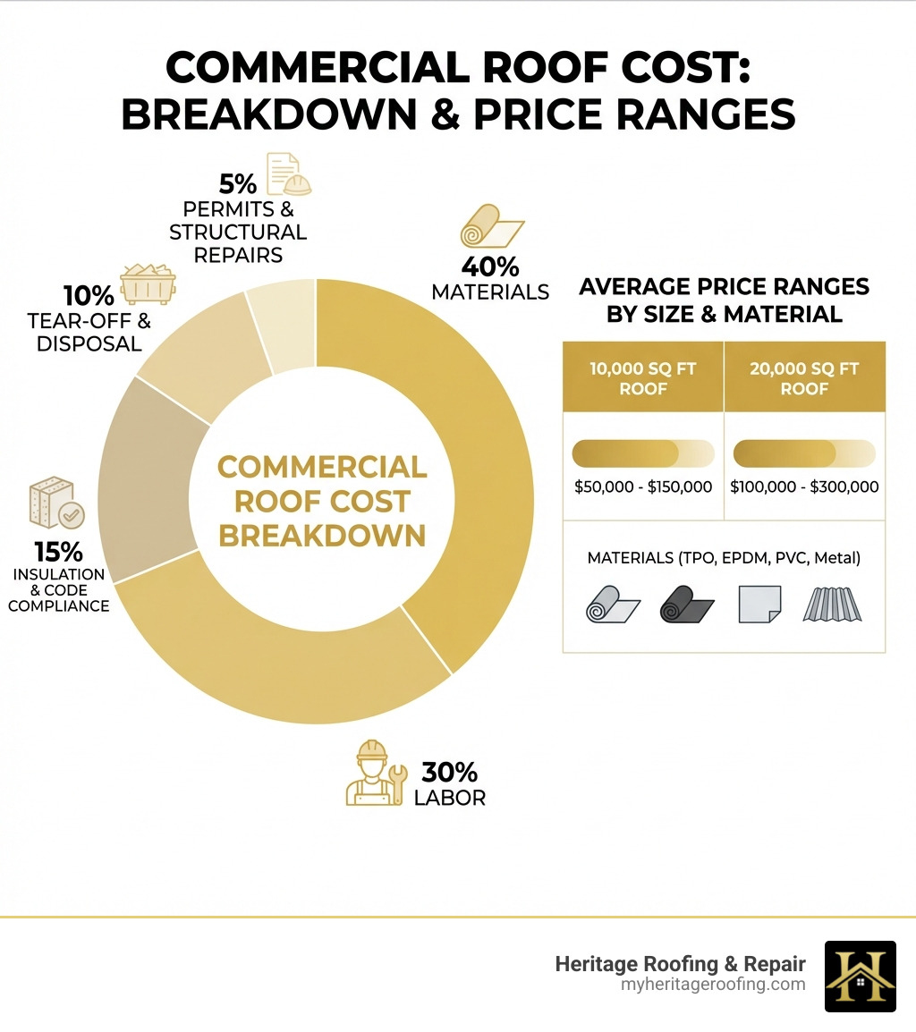 Infographic showing commercial roof cost breakdown by category: 40% materials, 30% labor, 15% insulation and code compliance, 10% tear-off and disposal, 5% permits and structural repairs, with average price ranges for 10,000 sq ft and 20,000 sq ft roofs by material type - commercial roof cost infographic 