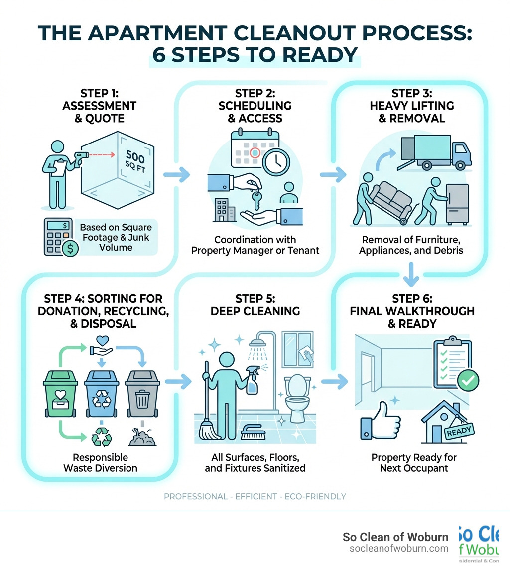 Infographic showing the apartment cleanout process: Step 1 - Assessment and quote based on square footage and junk volume; Step 2 - Scheduling and access coordination with property manager or tenant; Step 3 - Heavy lifting and removal of furniture, appliances, and debris; Step 4 - Sorting for donation, recycling, and disposal; Step 5 - Deep cleaning of all surfaces, floors, and fixtures; Step 6 - Final walkthrough and property ready for next occupant - apartment cleanouts near me infographic Infographic showing the apartment cleanout process: Step 1 - Assessment and quote based on square footage and junk volume; Step 2 - Scheduling and access coordination with property manager or tenant; Step 3 - Heavy lifting and removal of furniture, appliances, and debris; Step 4 - Sorting for donation, recycling, and disposal; Step 5 - Deep cleaning of all surfaces, floors, and fixtures; Step 6 - Final walkthrough and property ready for next occupant - apartment cleanouts near me infographic