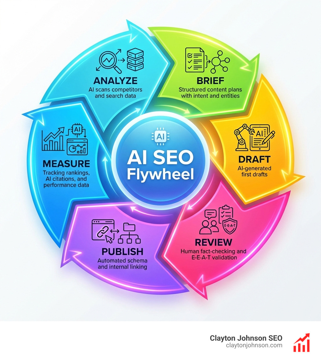 Infographic showing the AI SEO Flywheel: a circular workflow starting with Analyze (AI scans competitors and search data), moving to Brief (structured content plans with intent and entities), then Draft (AI-generated first drafts), Review (human fact-checking and E-E-A-T validation), Publish (automated schema and internal linking), and finally Measure (tracking rankings, AI citations, and performance data that feeds back into the Analyze phase) - AI assisted SEO workflows infographic Infographic showing the AI SEO Flywheel: a circular workflow starting with Analyze (AI scans competitors and search data), moving to Brief (structured content plans with intent and entities), then Draft (AI-generated first drafts), Review (human fact-checking and E-E-A-T validation), Publish (automated schema and internal linking), and finally Measure (tracking rankings, AI citations, and performance data that feeds back into the Analyze phase) - AI assisted SEO workflows infographic