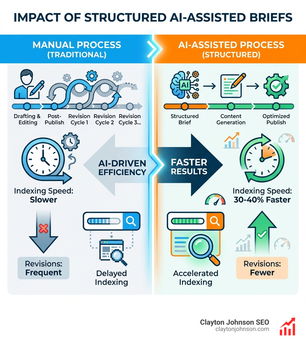 Infographic showing that pages launched with structured AI-assisted briefs index 30-40% faster and require fewer post-publish revisions - AI assisted SEO workflows infographic Infographic showing that pages launched with structured AI-assisted briefs index 30-40% faster and require fewer post-publish revisions - AI assisted SEO workflows infographic