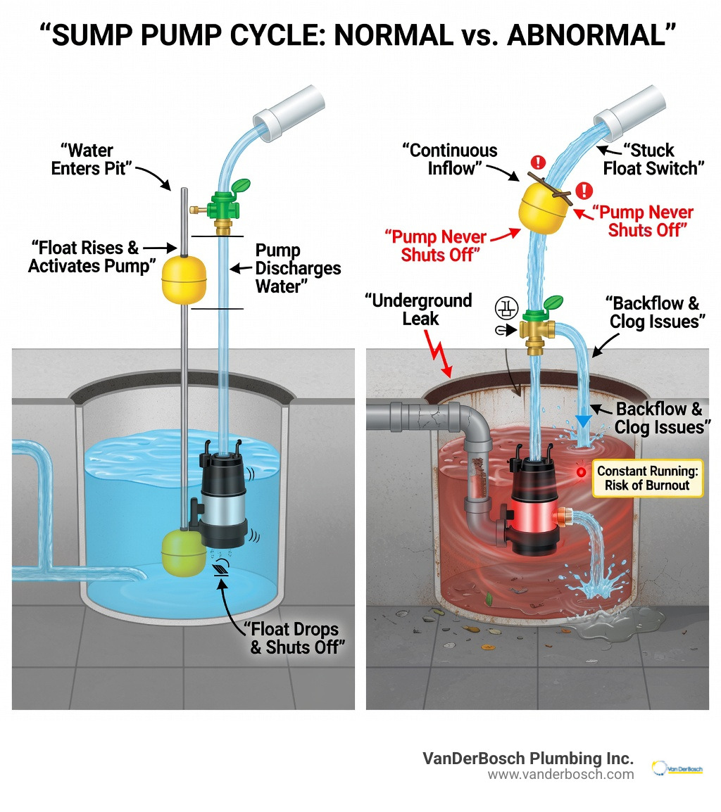 Infographic showing the normal sump pump cycle: water enters pit, float rises and activates pump at set level, pump discharges water through check valve and discharge pipe, float drops and pump shuts off when pit is empty, versus abnormal constant running cycle where pump never shuts off due to mechanical failure or continuous water inflow - sump pump constantly running infographic 