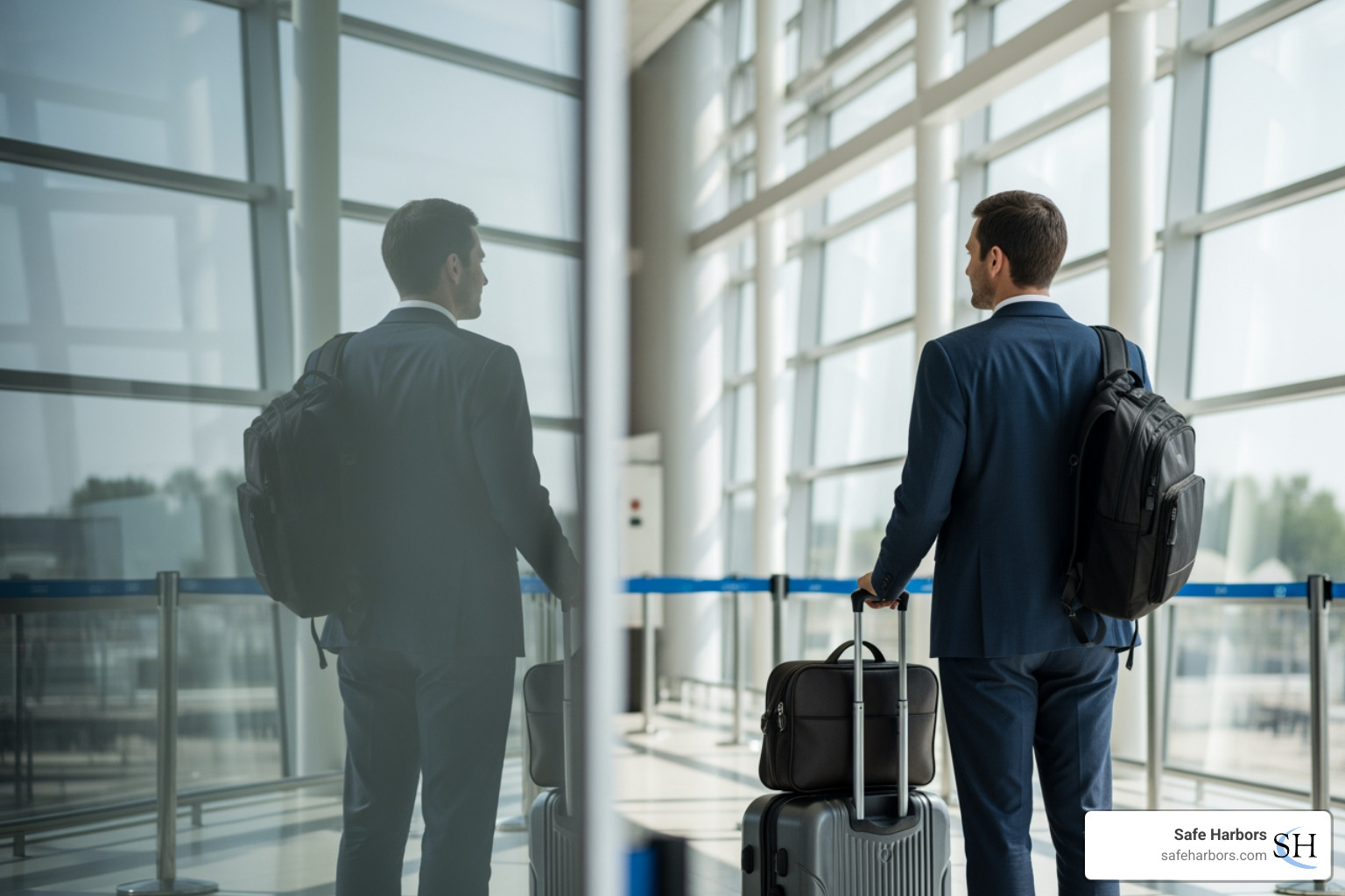 business traveler at modern airport terminal - Corporate travel booking business traveler at modern airport terminal - Corporate travel booking