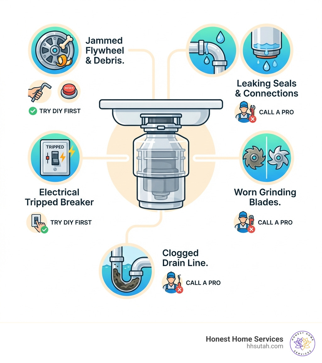 Infographic showing common garbage disposal problems: jammed flywheel with food debris, leaking seals and connections, electrical tripped breaker, worn grinding blades, and clogged drain line, with simple icons indicating when to DIY versus when to call a professional plumber - garbage disposal repair salt lake city ut infographic Infographic showing common garbage disposal problems: jammed flywheel with food debris, leaking seals and connections, electrical tripped breaker, worn grinding blades, and clogged drain line, with simple icons indicating when to DIY versus when to call a professional plumber - garbage disposal repair salt lake city ut infographic