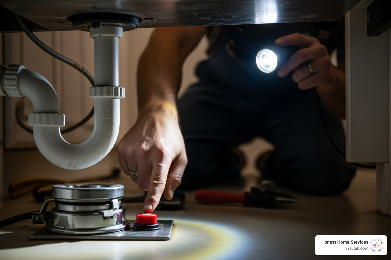 plumber showing the reset button on a garbage disposal - garbage disposal repair salt lake city ut plumber showing the reset button on a garbage disposal - garbage disposal repair salt lake city ut