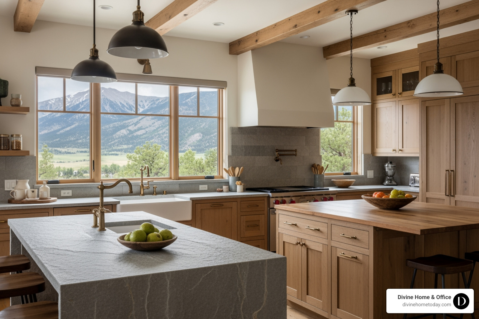 Luxury modern mountain kitchen in Denver featuring stone countertops, natural wood cabinetry, and mountain views - Professional home transformation