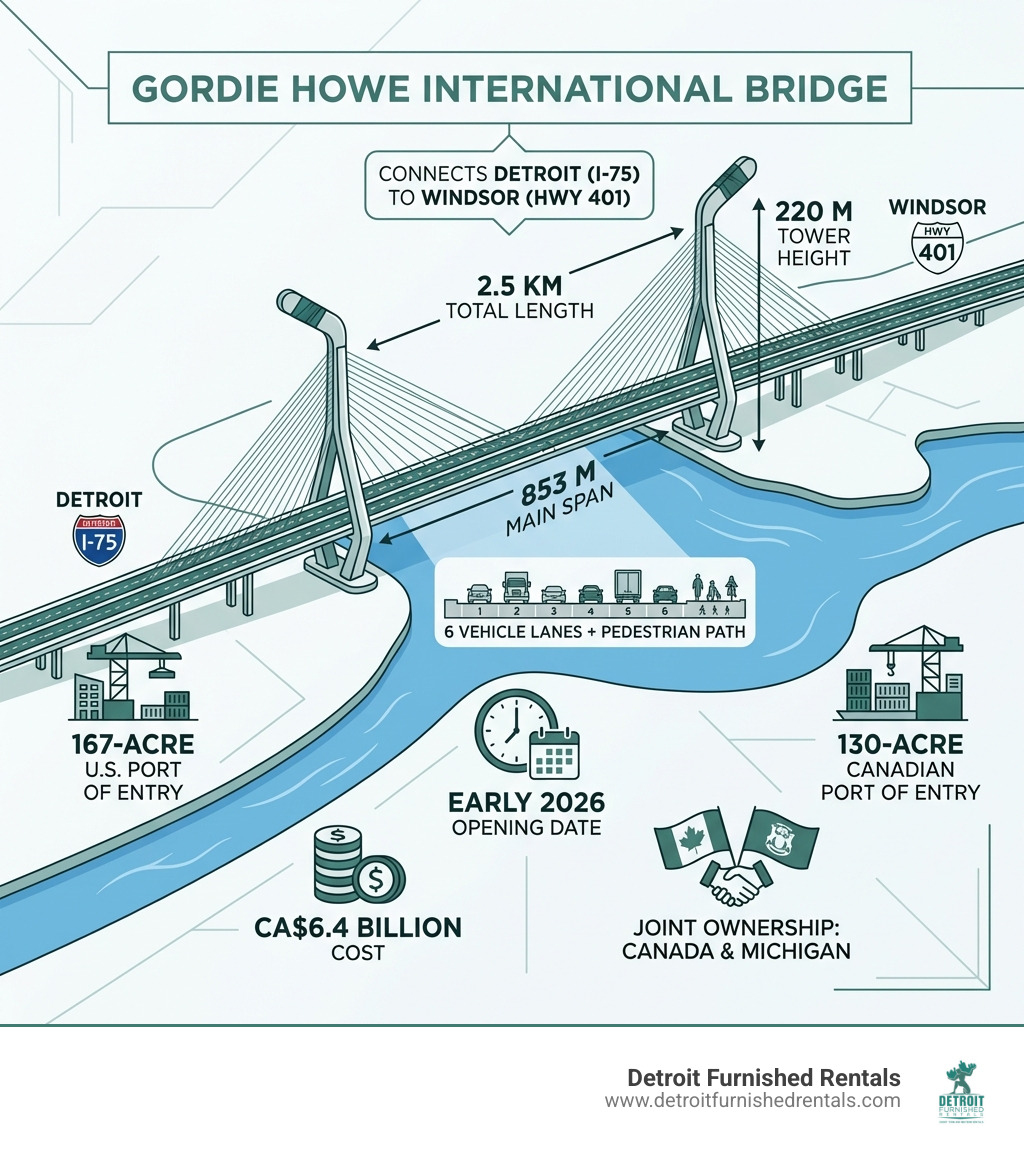 Infographic showing the Gordie Howe International Bridge connecting Detroit's I-75 to Windsor's Highway 401, with key statistics including 2.5 km length, 853-meter main span, 220-meter tower height, 6 vehicle lanes plus pedestrian path, CA$6.4 billion cost, 130-acre Canadian port of entry, 167-acre U.S. port of entry, early 2026 opening date, and joint ownership by Canada and Michigan - gordie howe international bridge infographic 