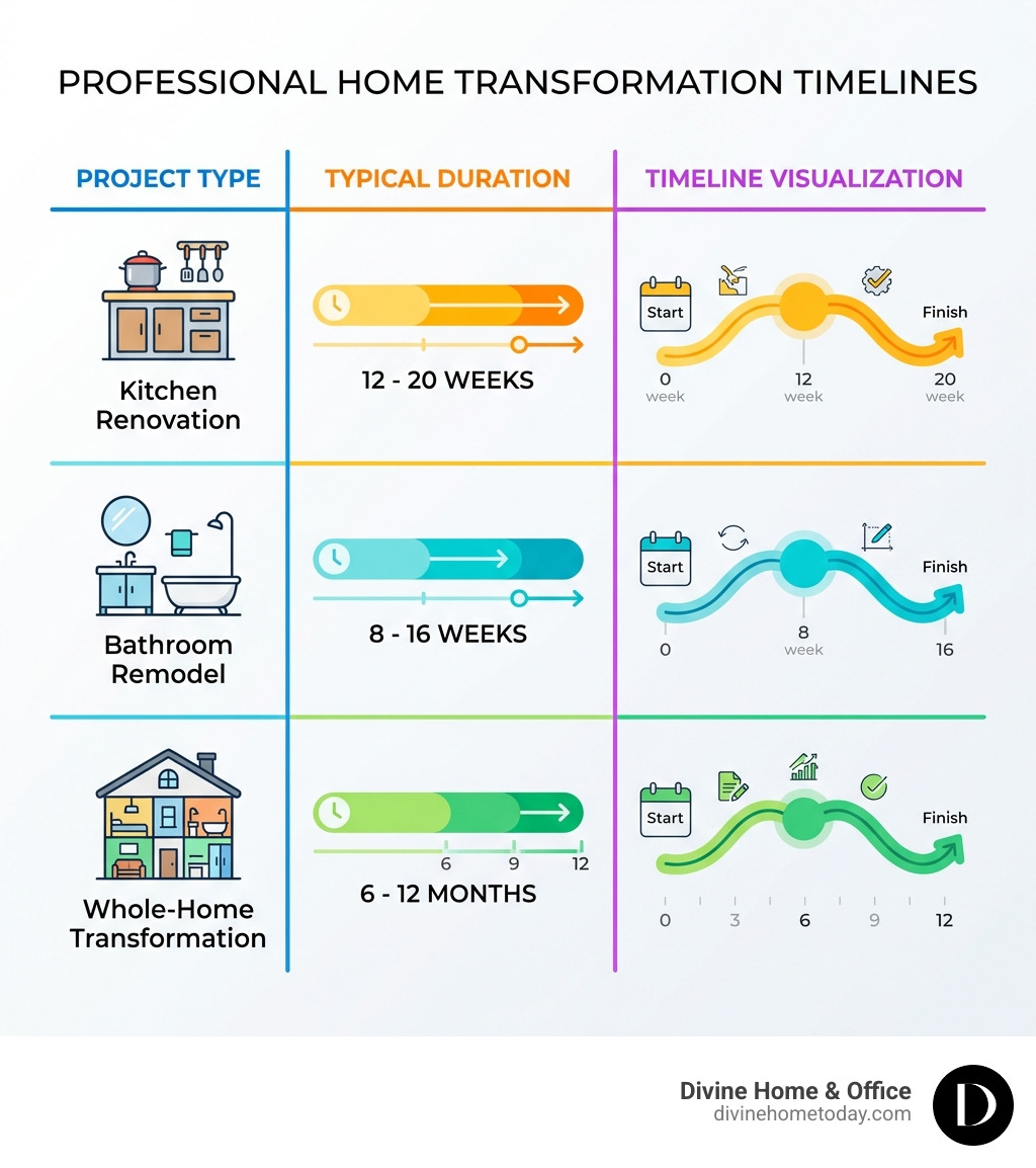 infographic table comparing timelines: Kitchen 12-20 weeks, Bathroom 8-16 weeks, Whole-home 6-12 months - Professional home transformation infographic 