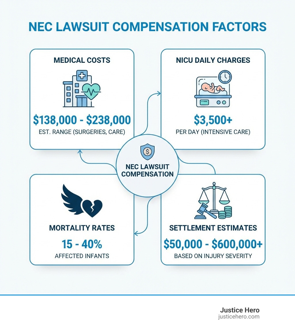 infographic showing NEC compensation factors including medical costs ranging from $138,000 to $238,000, NICU daily charges of $3,500 plus, mortality rates of 15-40 percent, and settlement estimates from $50,000 to over $600,000 based on injury severity - nec lawsuit compensation infographic 