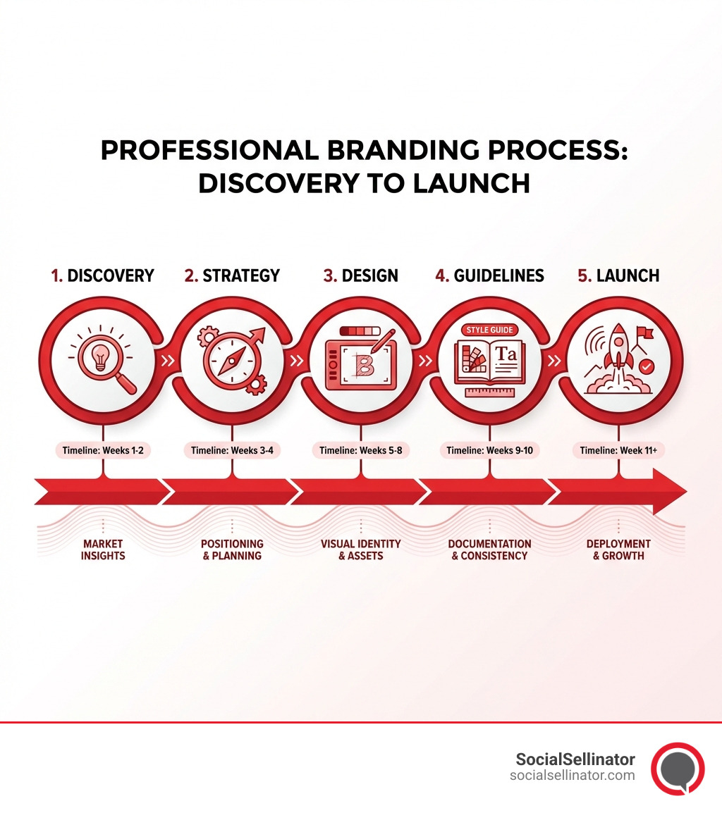 The 5-step professional branding process from discovery through strategy, design, guidelines, and launch with timeline indicators - professional branding services infographic 