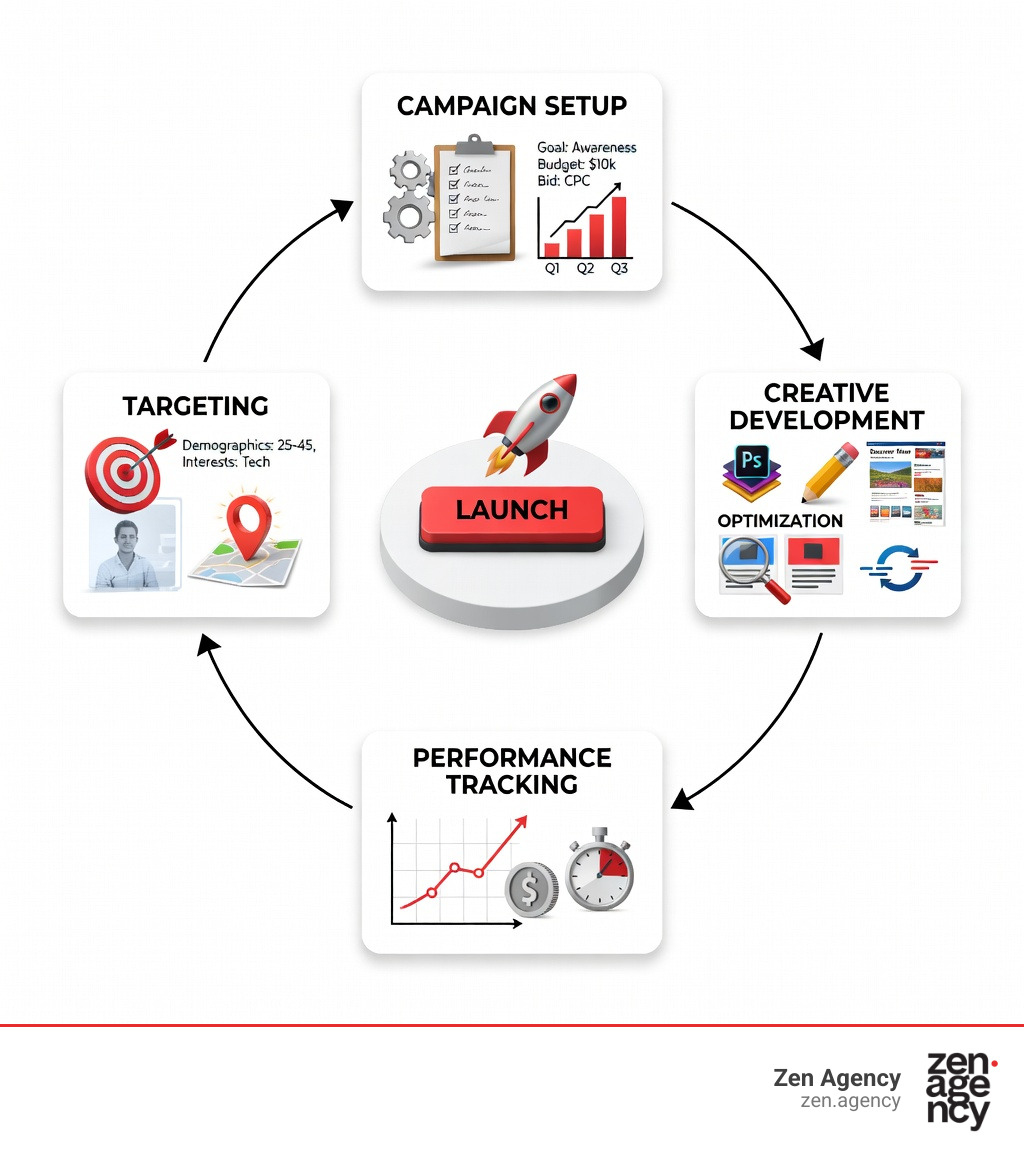 Infographic showing Display Ads management workflow from campaign setup through targeting, creative development, launch, optimization and performance tracking with key metrics at each stage - Display Ads management infographic Infographic showing Display Ads management workflow from campaign setup through targeting, creative development, launch, optimization and performance tracking with key metrics at each stage - Display Ads management infographic