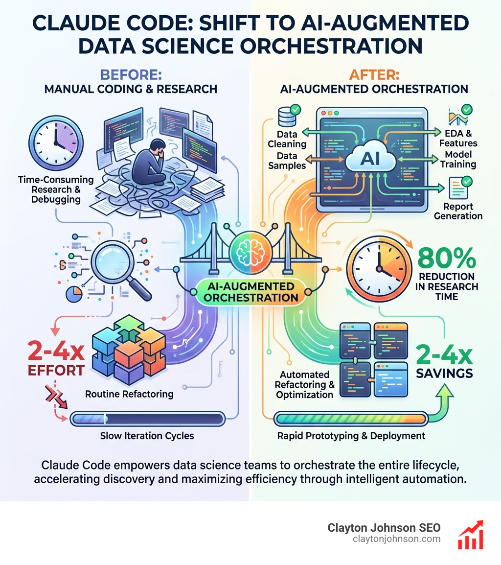 Infographic detailing the 80% reduction in research time and 2-4x savings on routine refactoring tasks achieved by data science teams using Claude Code, highlighting the shift from manual coding to AI-augmented orchestration - Claude for data science infographic 