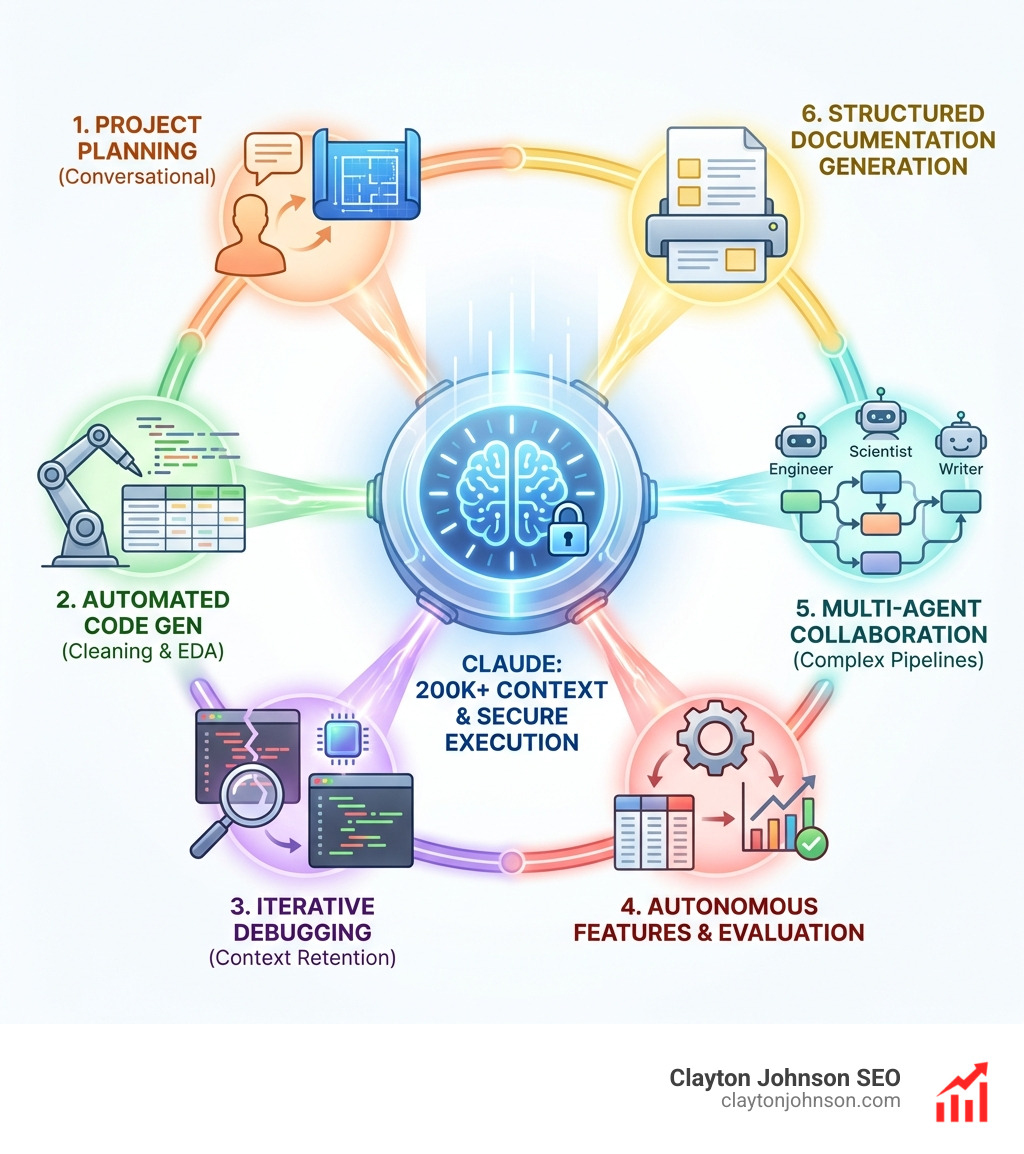Infographic showing the AI-augmented data science lifecycle: project planning via conversational prompts, automated code generation for cleaning and EDA, iterative debugging with context retention, autonomous feature engineering and model evaluation, multi-agent collaboration for complex pipelines, and structured documentation generation—all orchestrated through Claude's 200K+ token context window with secure code execution - Claude for data science infographic 