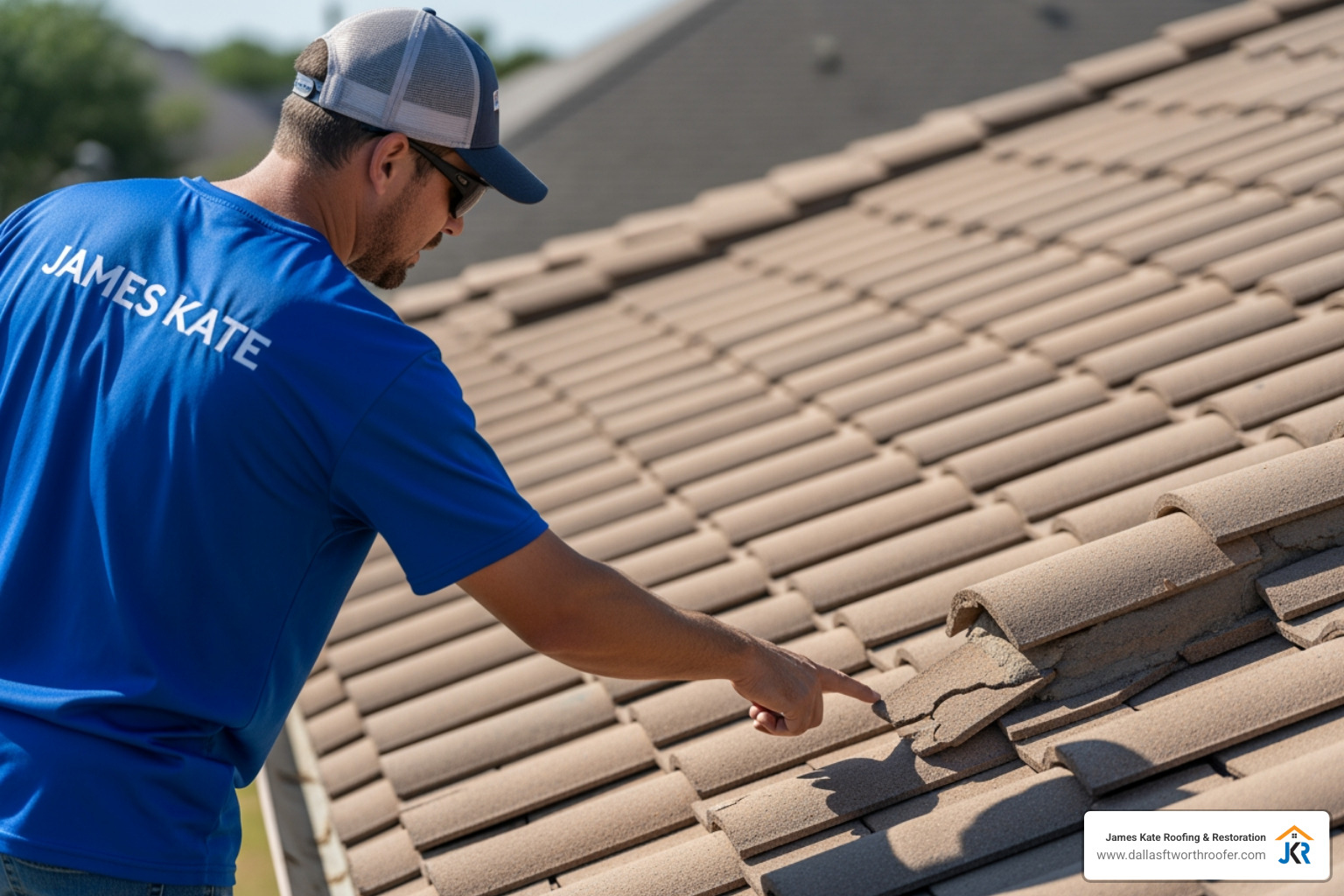 technician in royal blue James Kate shirt pointing to a cracked barrel tile - Tile roof replacement technician in royal blue James Kate shirt pointing to a cracked barrel tile - Tile roof replacement