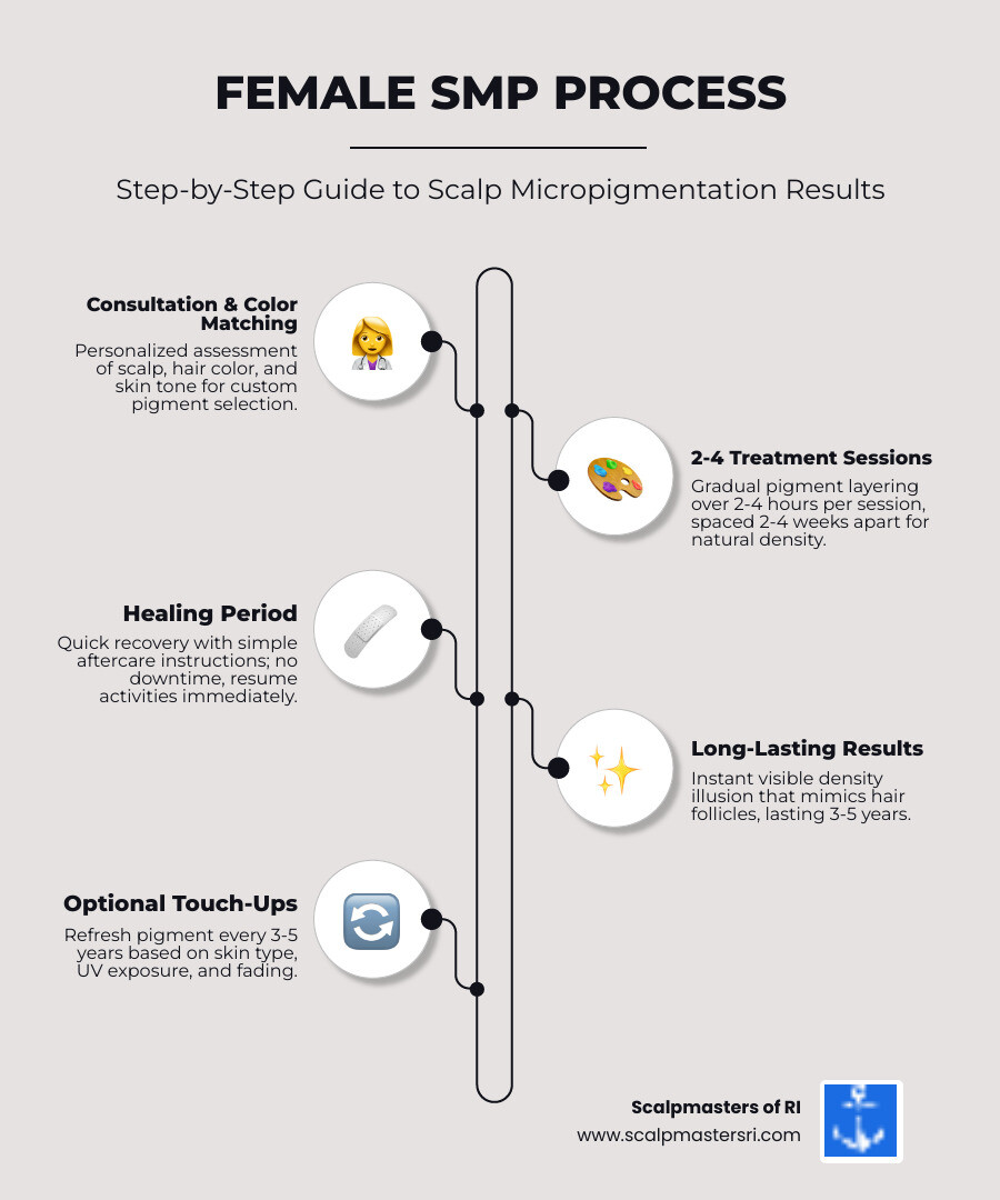 infographic showing the female SMP process: consultation and color matching, 2-4 treatment sessions with gradual pigment layering, healing period with aftercare instructions, long-lasting results with touch-ups every 3-5 years, and benefits including no shaving required, works with existing hair, minimal pain, and immediate return to activities - scalp micropigmentation for women infographic infographic-line-5-steps-elegant_beige
