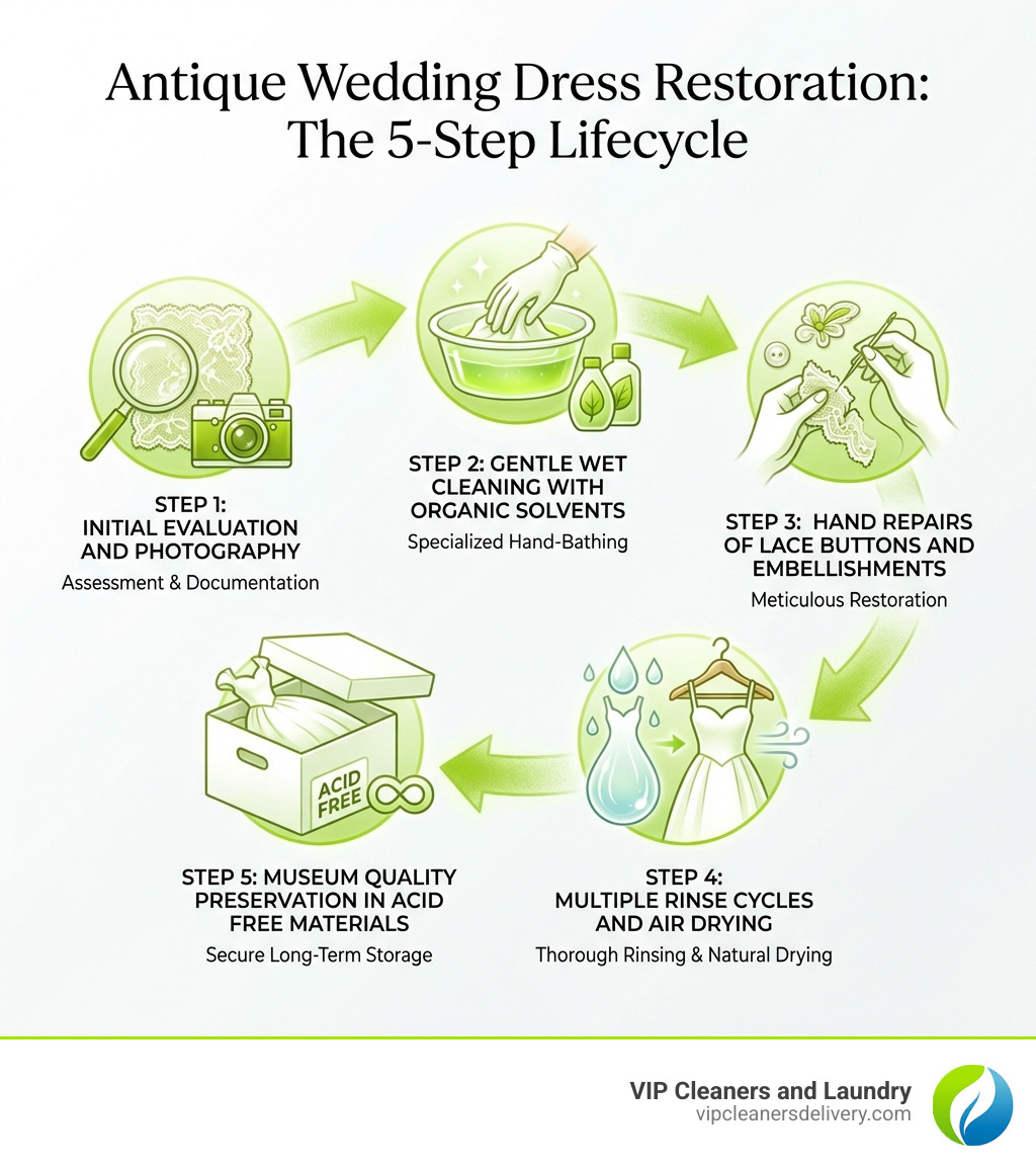 infographic showing the 5-step restoration lifecycle: Step 1 Initial Evaluation and Photography, Step 2 Gentle Wet Cleaning with Organic Solvents, Step 3 Hand Repairs of Lace Buttons and Embellishments, Step 4 Multiple Rinse Cycles and Air Drying, Step 5 Museum Quality Preservation in Acid Free Materials - antique wedding dress restoration infographic infographic showing the 5-step restoration lifecycle: Step 1 Initial Evaluation and Photography, Step 2 Gentle Wet Cleaning with Organic Solvents, Step 3 Hand Repairs of Lace Buttons and Embellishments, Step 4 Multiple Rinse Cycles and Air Drying, Step 5 Museum Quality Preservation in Acid Free Materials - antique wedding dress restoration infographic