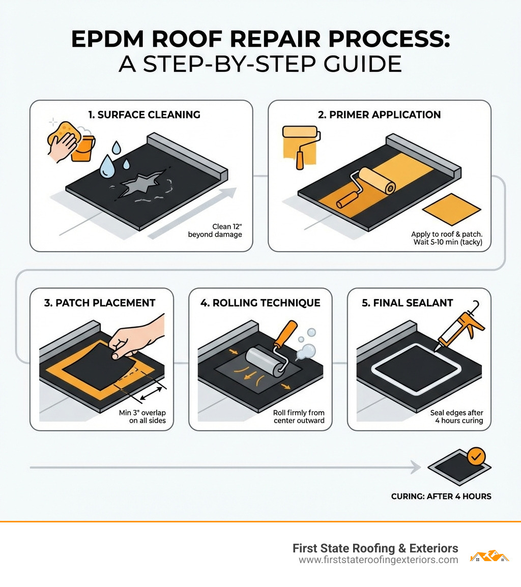 Step-by-step EPDM roof repair process showing surface cleaning, primer application, patch placement, rolling technique, and final sealant application with recommended overlap measurements and curing times - EPDM roof repair infographic 