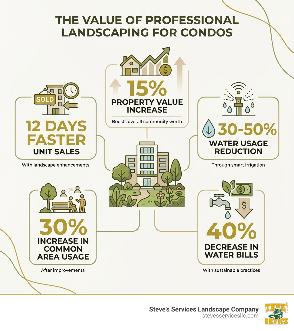 infographic showing how professional landscaping impacts condominium properties including 15% property value increase, 30-50% water usage reduction with smart irrigation, 40% decrease in water bills with sustainable practices, 30% increase in common area usage after improvements, and 12 days faster unit sales with landscape enhancements - Commercial Landscaping for Condos infographic infographic showing how professional landscaping impacts condominium properties including 15% property value increase, 30-50% water usage reduction with smart irrigation, 40% decrease in water bills with sustainable practices, 30% increase in common area usage after improvements, and 12 days faster unit sales with landscape enhancements - Commercial Landscaping for Condos infographic