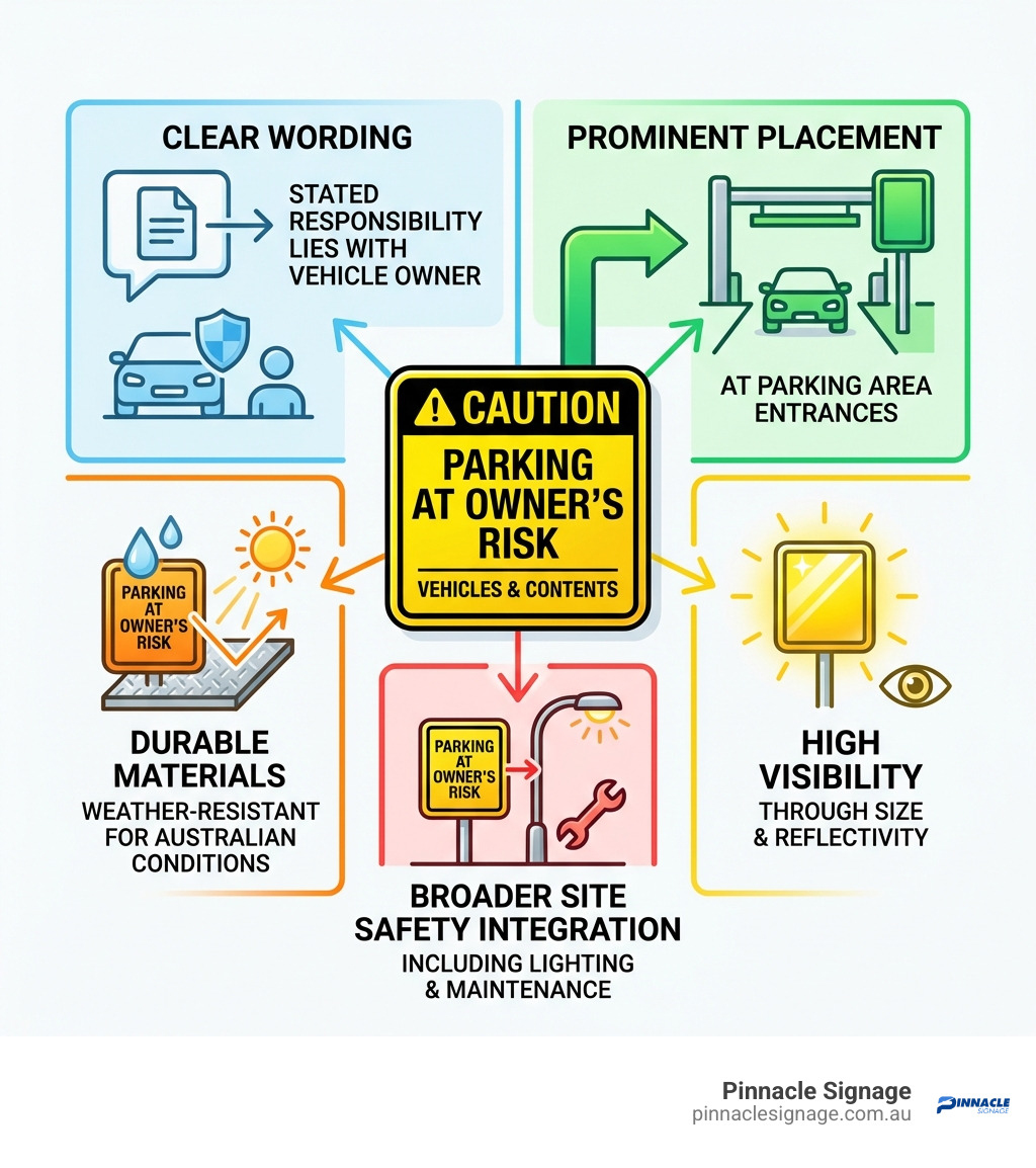 An infographic detailing best practices for parking at owners risk signage, including clear wording and placement.