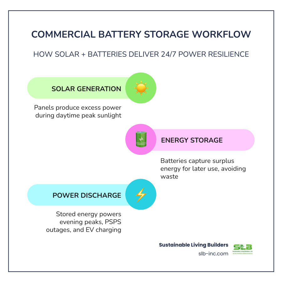 infographic showing commercial battery storage workflow: solar panels generate power during day, batteries store excess energy, stored power used during evening peak hours and PSPS events, connection to PG&E grid for backup, integration with EV chargers and building management systems - commercial energy storage batteries in petaluma, ca infographic infographic-line-3-steps-colors