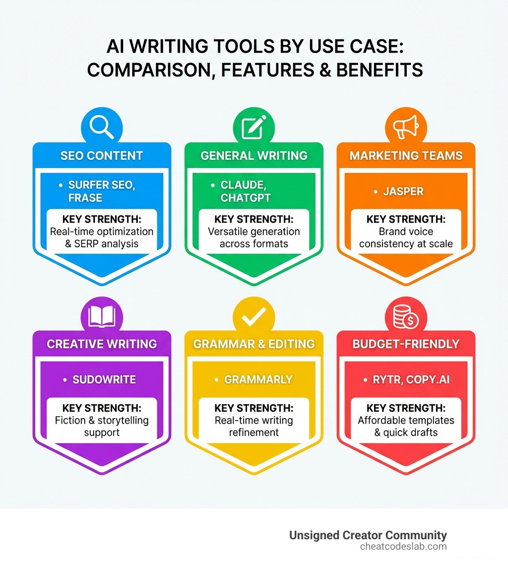 infographic showing AI writing tool comparison by use case with key features and benefits - what is the best ai content writing tool infographic 