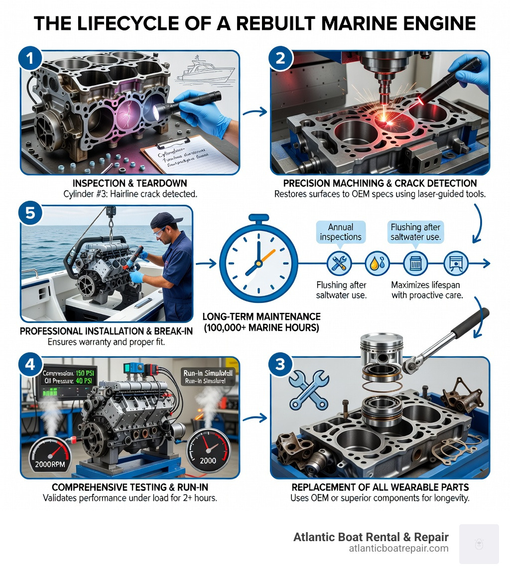 infographic showing the lifecycle of a rebuilt marine engine: inspection and teardown, precision machining and crack detection, replacement of all wearable parts, comprehensive testing and run-in procedures, professional installation and break-in, long-term maintenance for 100,000+ marine hours - Reliable rebuilt engines infographic infographic showing the lifecycle of a rebuilt marine engine: inspection and teardown, precision machining and crack detection, replacement of all wearable parts, comprehensive testing and run-in procedures, professional installation and break-in, long-term maintenance for 100,000+ marine hours - Reliable rebuilt engines infographic