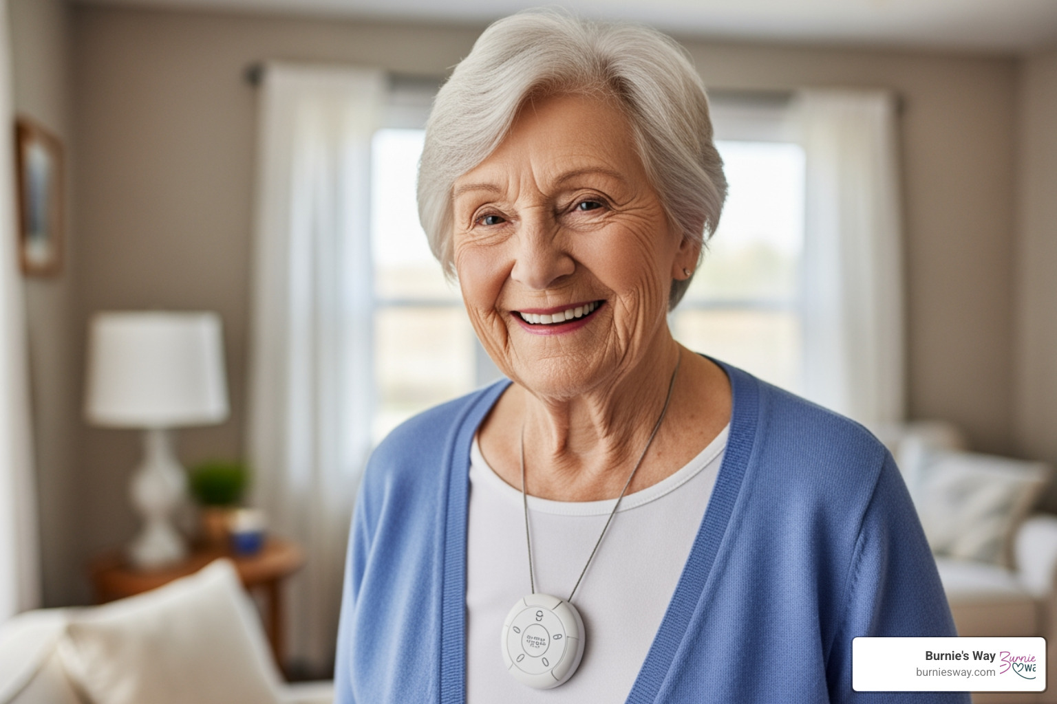 A senior wearing a medical alert system button around their neck - Emergency senior care