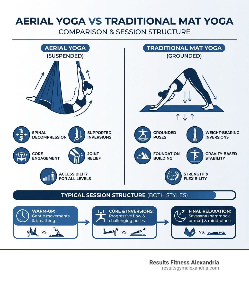 infographic showing aerial yoga vs traditional mat yoga comparison including benefits like spinal decompression, supported inversions, core engagement, joint relief, and accessibility for different fitness levels, plus typical session structure from warm-up through inversions to final relaxation - aerial yoga private class infographic 