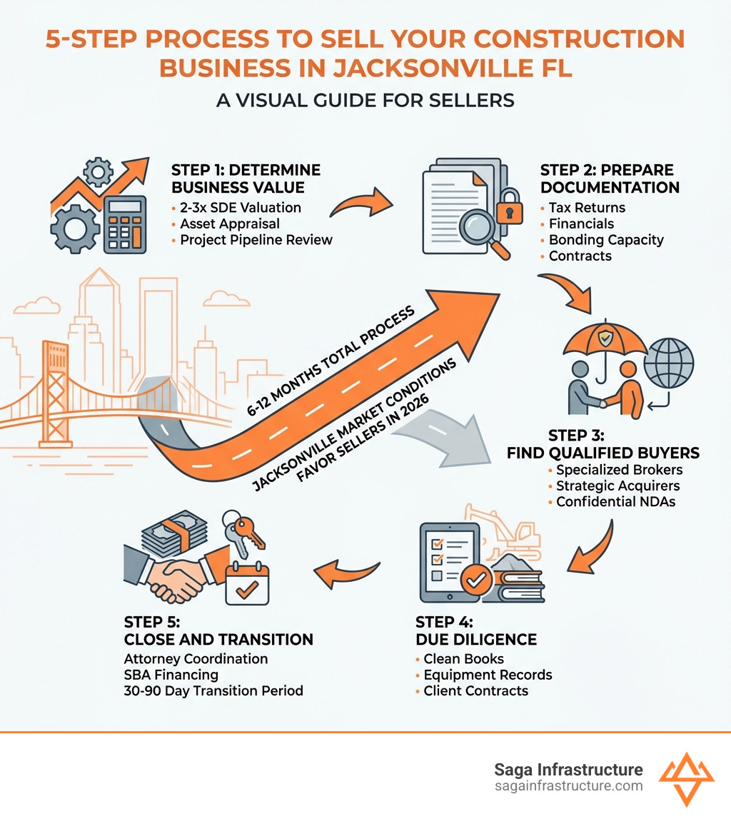 Infographic showing the 5-step process to sell a construction business in Jacksonville FL: Step 1 Determine Business Value (2-3x SDE valuation, asset appraisal, project pipeline review), Step 2 Prepare Documentation (tax returns, financials, bonding capacity, contracts), Step 3 Find Qualified Buyers (specialized brokers, strategic acquirers, confidential NDAs), Step 4 Due Diligence (clean books, equipment records, client contracts), Step 5 Close and Transition (attorney coordination, SBA financing, 30-90 day transition period). Timeline shows 6-12 months total with Jacksonville market conditions favoring sellers in 2026 - how to sell my construction business jacksonville fl infographic 