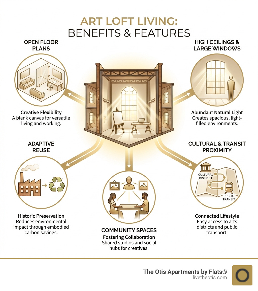 Infographic showing the benefits and features of art loft living: open floor plans for creative flexibility, high ceilings and large windows for natural light, adaptive reuse of historic buildings reducing environmental impact, community spaces fostering collaboration, and proximity to cultural districts and public transit - art lofts infographic 