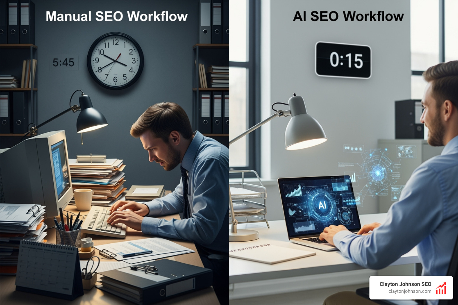 Comparison of manual vs AI SEO workflow showing time savings - Free AI SEO optimizer