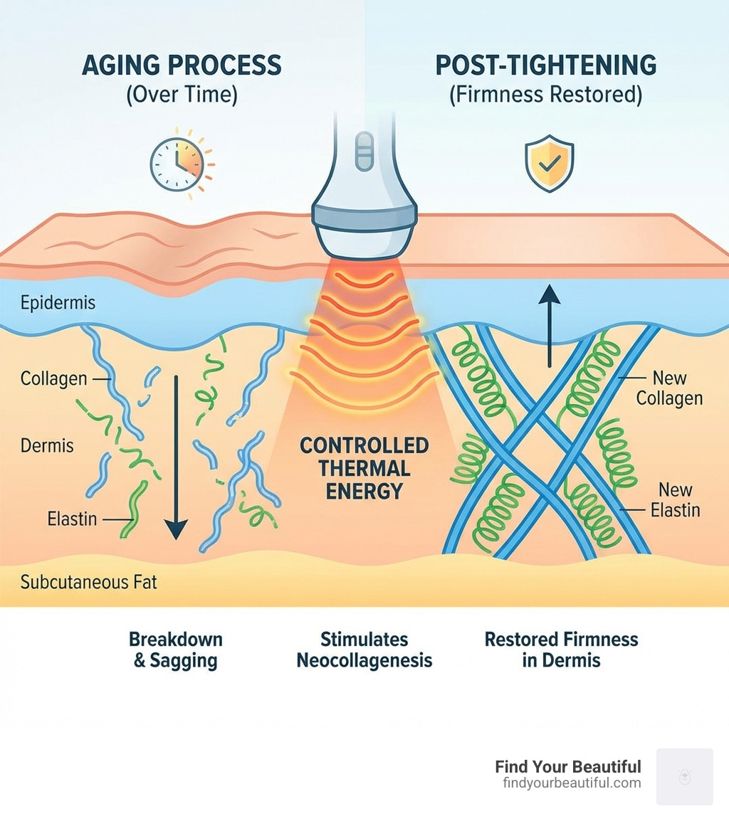 Infographic showing the aging process of skin, with collagen and elastin breakdown over time, and how non-surgical skin tightening treatments stimulate neocollagenesis through controlled thermal energy to restore firmness in the dermis layer - skin tightening san antonio infographic 