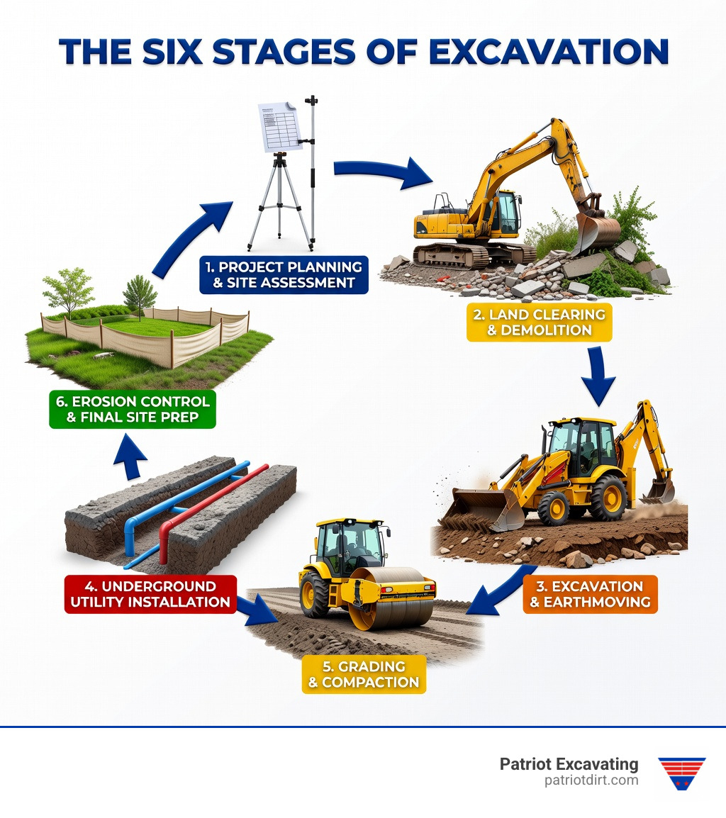 infographic showing the six stages of excavation: project planning and site assessment, land clearing and demolition, excavation and earthmoving, underground utility installation, grading and compaction, and erosion control and final site preparation - excavating contractor infographic infographic showing the six stages of excavation: project planning and site assessment, land clearing and demolition, excavation and earthmoving, underground utility installation, grading and compaction, and erosion control and final site preparation - excavating contractor infographic