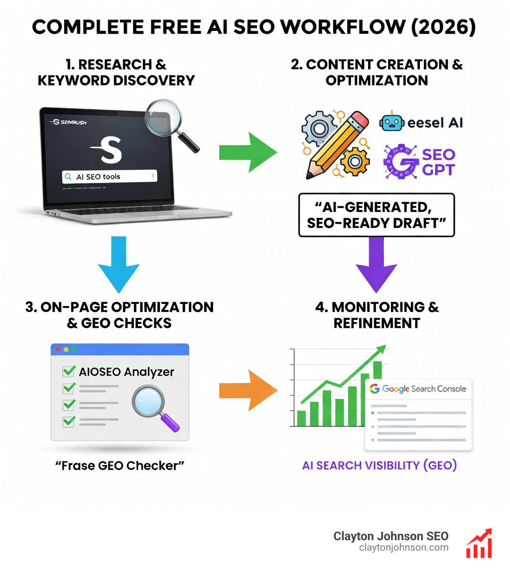 Complete free AI SEO workflow infographic showing research phase with Semrush keyword tool, content creation with eesel AI and SEO GPT, optimization checks using AIOSEO Analyzer and Frase GEO checker, and monitoring through Google Search Console - Free AI SEO optimizer infographic 