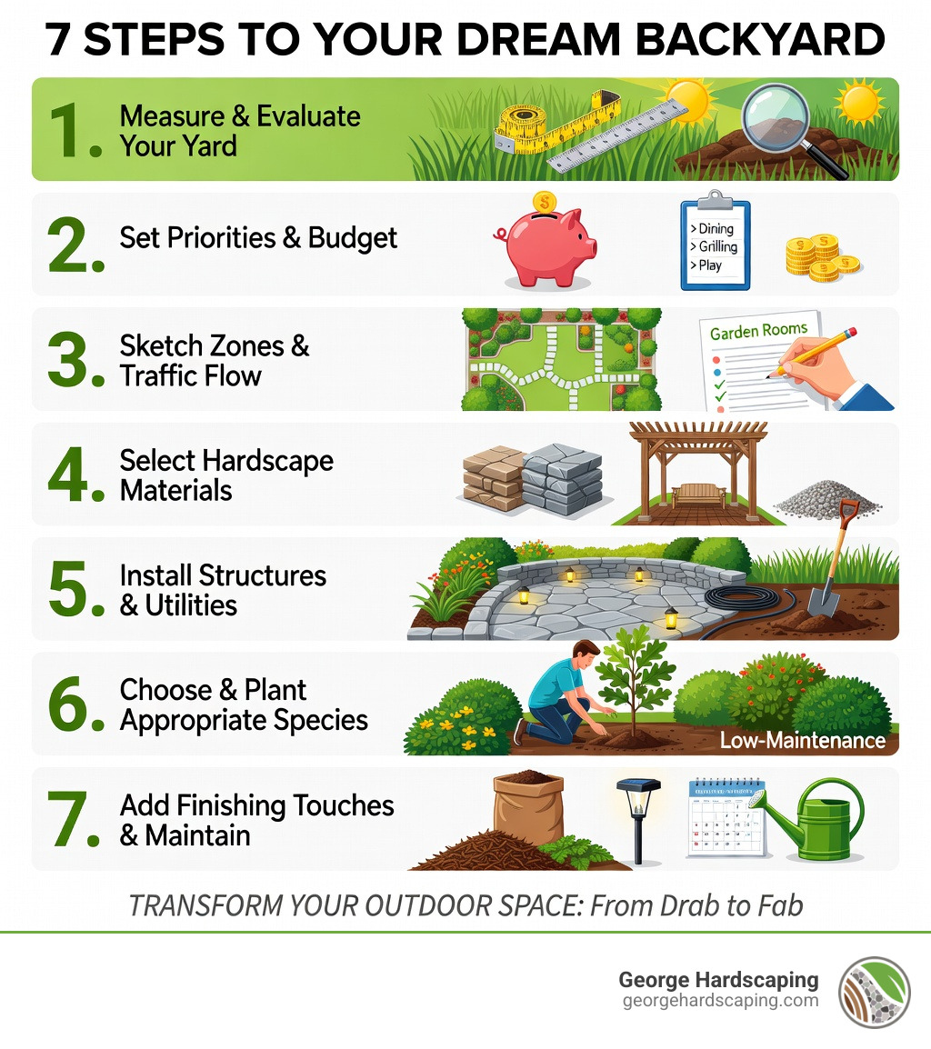 Infographic showing 7 key steps: 1. Measure and evaluate your yard (dimensions, sun, soil, drainage). 2. Set priorities and budget (dining, grilling, play areas ranked). 3. Sketch zones and traffic flow (garden rooms, pathways). 4. Select hardscape materials (pavers, stone, pergolas). 5. Install structures and utilities (patios, lighting, water lines). 6. Choose and plant appropriate species (natives, layers, low-maintenance). 7. Add finishing touches and maintain (mulch, lighting, seasonal care) - back yard design infographic 