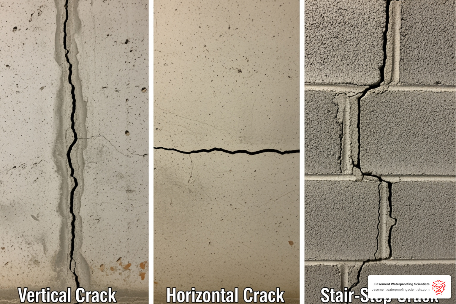 comparing vertical, horizontal, and stair-step foundation cracks - Outside foundation crack repair
