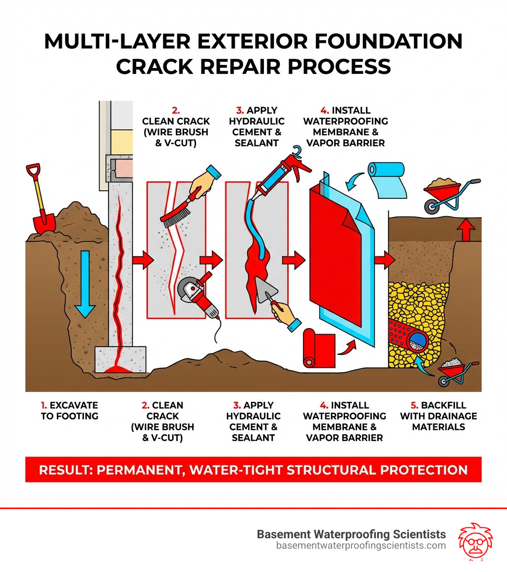 infographic showing the multi-layer exterior foundation crack repair process: excavation to footing, crack cleaning with wire brush and V-cut, application of hydraulic cement and elastomeric sealant, installation of waterproofing membrane and vapor barrier, and backfilling with proper drainage materials - Outside foundation crack repair infographic 