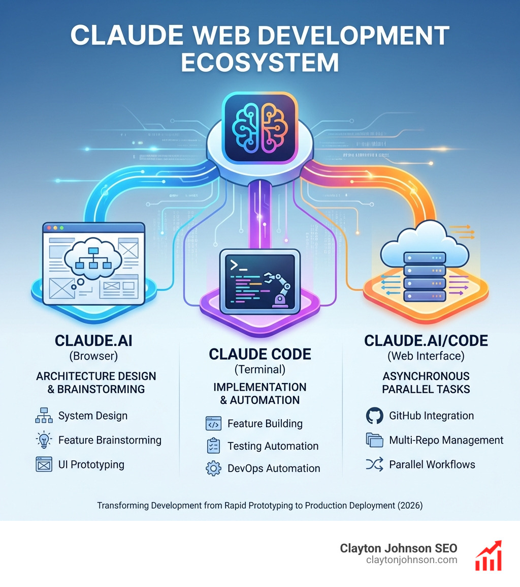 Infographic showing Claude web development ecosystem with three main branches: Claude.ai for architecture design and brainstorming, Claude Code terminal for implementation and automation, and claude.ai/code web interface for asynchronous parallel tasks. Each branch shows specific use cases like system design, testing automation, GitHub integration, and multi-repo management. - Claude for web development infographic Infographic showing Claude web development ecosystem with three main branches: Claude.ai for architecture design and brainstorming, Claude Code terminal for implementation and automation, and claude.ai/code web interface for asynchronous parallel tasks. Each branch shows specific use cases like system design, testing automation, GitHub integration, and multi-repo management. - Claude for web development infographic