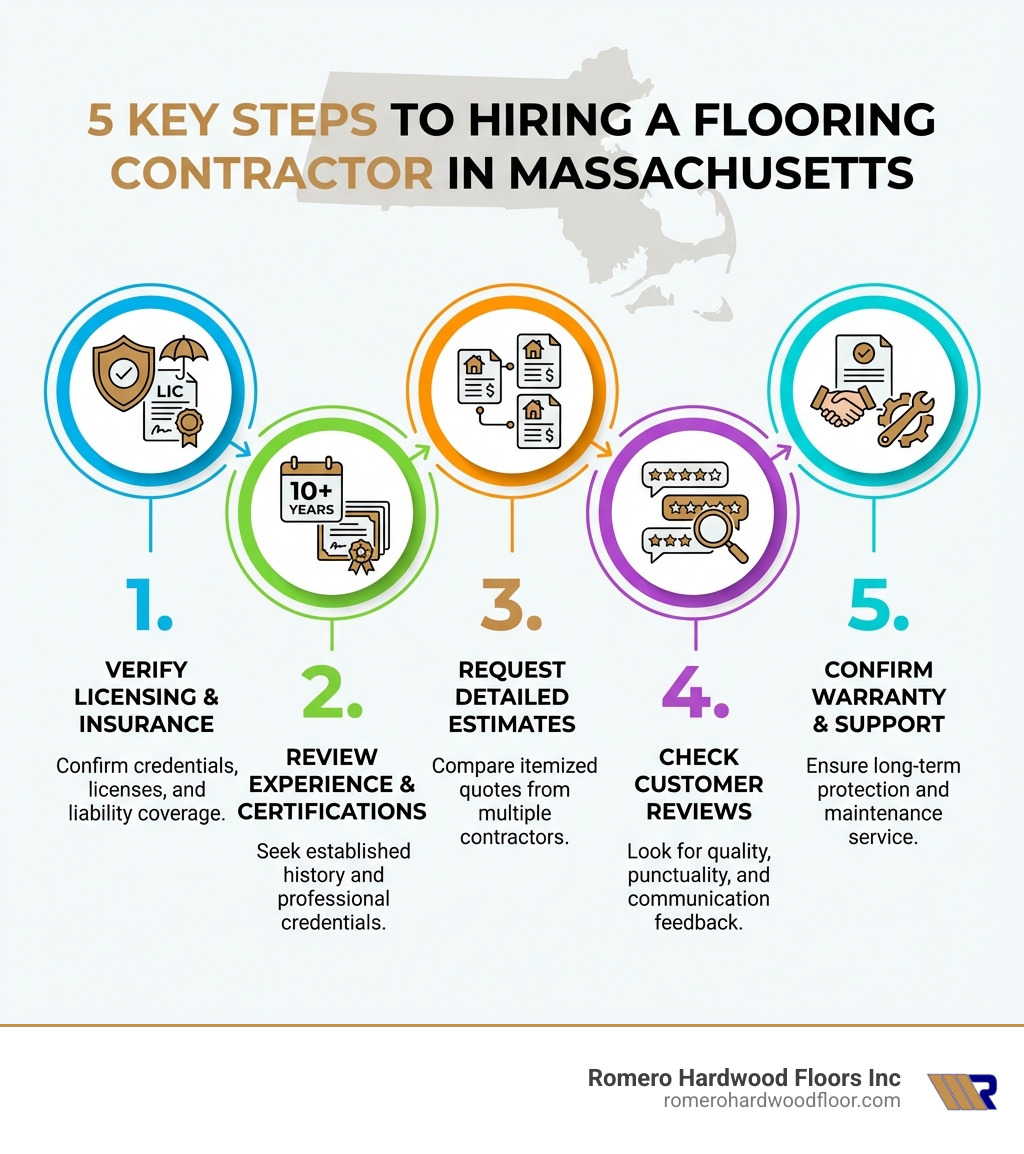 Infographic showing the 5 key steps to hiring a flooring contractor in Massachusetts: 1. Verify licensing and insurance credentials, 2. Review experience and certifications, 3. Request detailed estimates from multiple contractors, 4. Check customer reviews for quality indicators, 5. Confirm warranty and maintenance support - flooring contractors MA infographic Infographic showing the 5 key steps to hiring a flooring contractor in Massachusetts: 1. Verify licensing and insurance credentials, 2. Review experience and certifications, 3. Request detailed estimates from multiple contractors, 4. Check customer reviews for quality indicators, 5. Confirm warranty and maintenance support - flooring contractors MA infographic