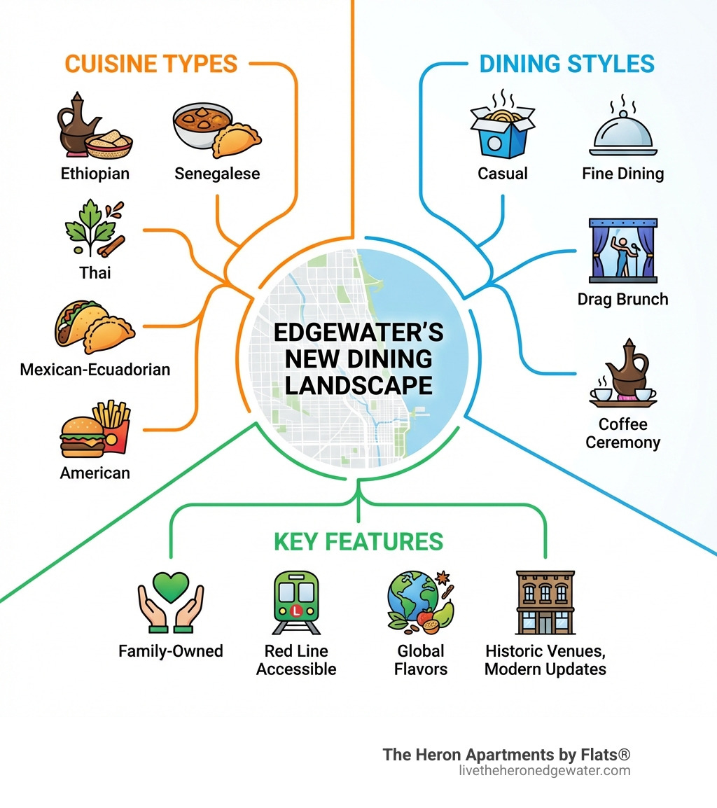 Infographic showing the diversity of Edgewater's new restaurant landscape, including cuisine types (Ethiopian, Senegalese, Thai, Mexican-Ecuadorian fusion, American), dining styles (casual, fine dining, drag brunch, coffee ceremony), and key features (family-owned, Red Line accessible, global flavors, historic venues with modern updates) - new restaurants edgewater chicago infographic 
