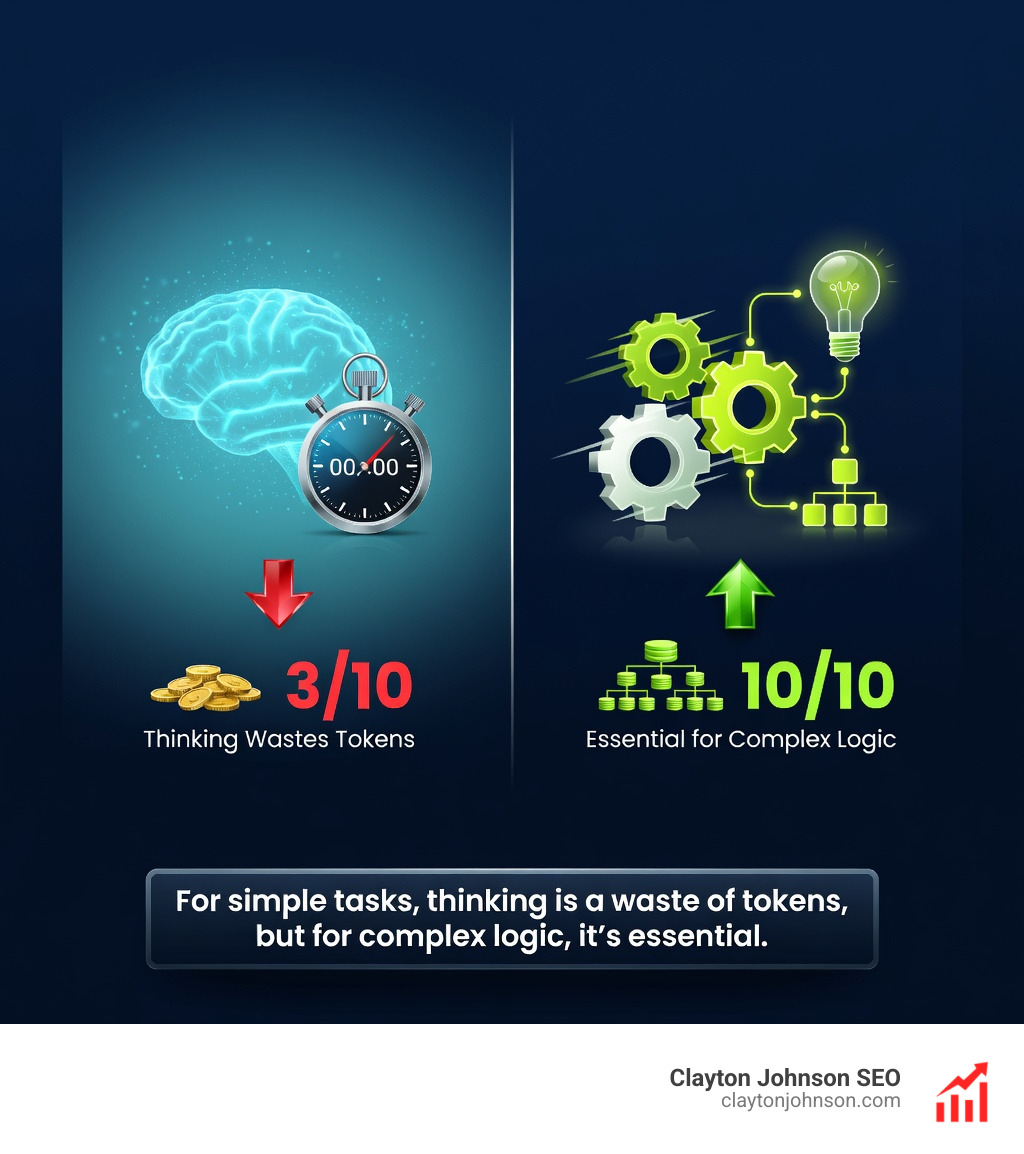 Infographic comparing simple queries (3/10 effectiveness for extended thinking) vs complex reasoning (10/10 effectiveness). It shows that for simple tasks, thinking is a waste of tokens, but for complex logic, it's essential. - How to prompt Claude infographic 