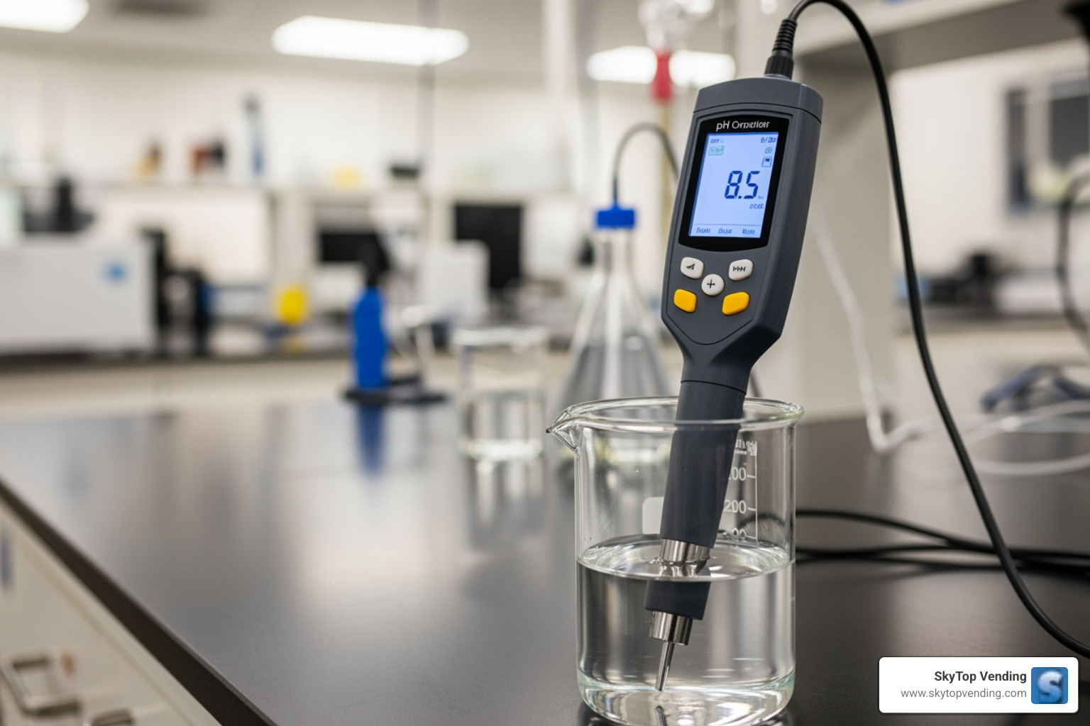 pH meter testing a water sample - alkaline drinking water