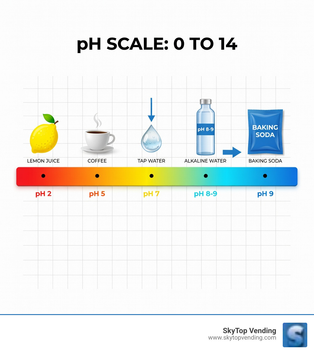 infographic showing pH scale from 0 to 14, with common examples: lemon juice at pH 2, coffee at pH 5, tap water at pH 7, alkaline water at pH 8-9, and baking soda at pH 9, with acidic range on left, neutral in middle, and alkaline range on right - alkaline drinking water infographic 