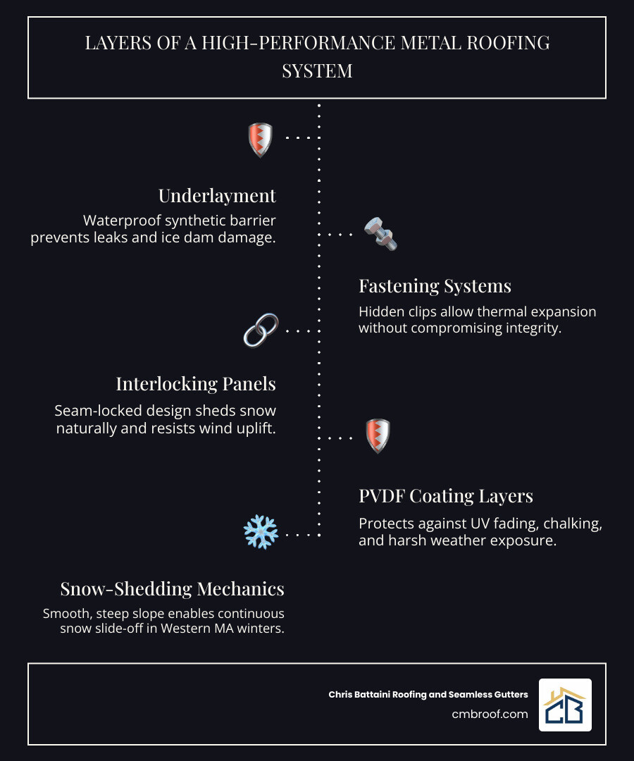 infographic showing metal roofing system components including underlayment, fastening systems, interlocking panels, PVDF coating layers, thermal expansion design, and snow-shedding mechanics for Western Massachusetts climate conditions - Metal Roofing Western MA infographic infographic-line-5-steps-dark