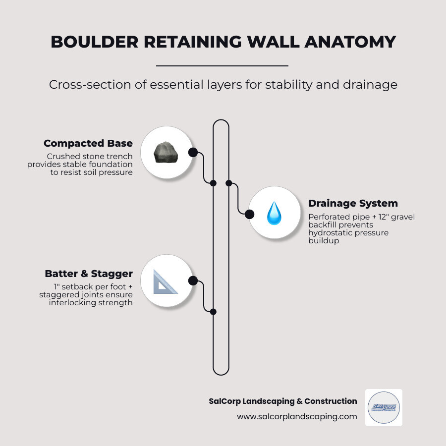 Infographic showing the cross-section anatomy of a boulder retaining wall including crushed stone base layer, geotextile fabric, perforated drainage pipe at the base, 12 inches of drainage gravel backfill, batter angle of 1 inch per foot, staggered boulder joints, and surface grading away from wall - boulder retaining wall infographic infographic-line-3-steps-elegant_beige
