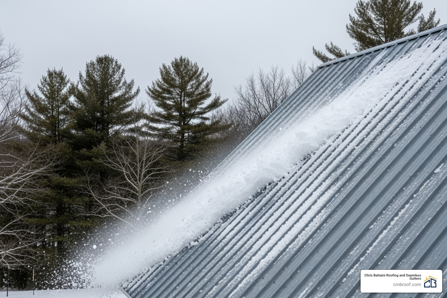 snow sliding off a metal roof in Berkshire County - Metal Roofing Western MA