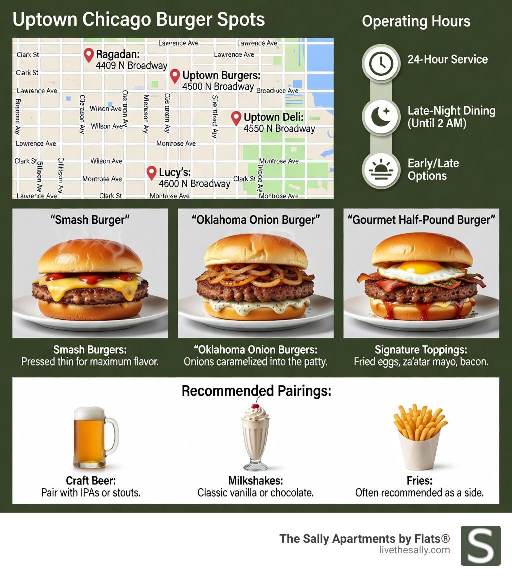 Infographic showing key elements of Uptown Chicago burger restaurants: location map of burger spots along Broadway and surrounding streets, popular burger styles including smash burgers and Oklahoma onion burgers, operating hours ranging from 24-hour service to late-night dining, signature toppings like za'atar mayo and fried eggs, and recommended pairings with craft beer and milkshakes - hamburger restaurants in uptown chicago infographic 