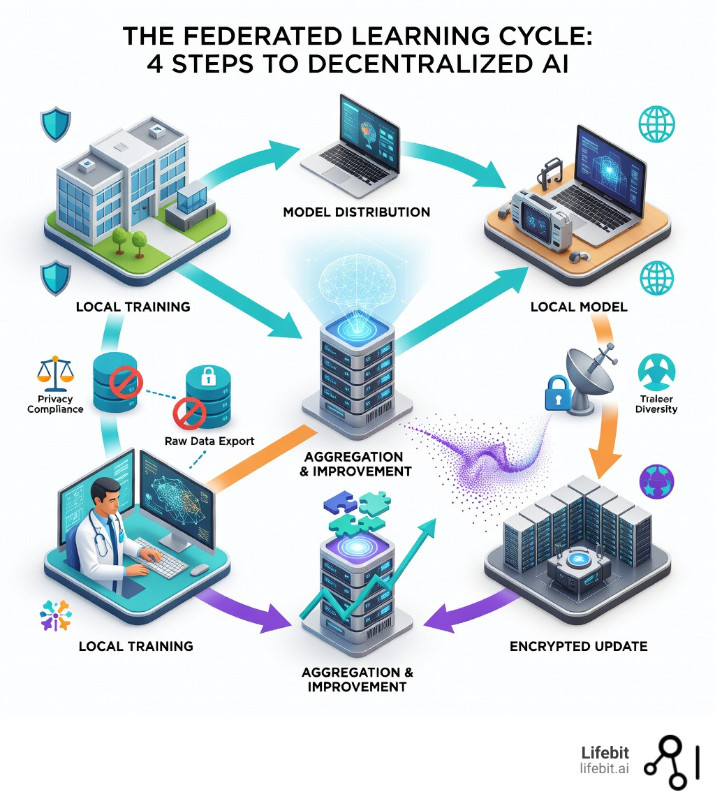 Infographic showing the 4-step federated learning cycle: 1) Central server distributes initial model to local nodes (hospitals, devices, organizations), 2) Each node trains the model locally on its own data without sharing raw records, 3) Nodes send only encrypted model updates (gradients/parameters) back to the central server, 4) Central server aggregates updates into an improved global model and redistributes it for the next training round - Federated learning benefits infographic Infographic showing the 4-step federated learning cycle: 1) Central server distributes initial model to local nodes (hospitals, devices, organizations), 2) Each node trains the model locally on its own data without sharing raw records, 3) Nodes send only encrypted model updates (gradients/parameters) back to the central server, 4) Central server aggregates updates into an improved global model and redistributes it for the next training round - Federated learning benefits infographic