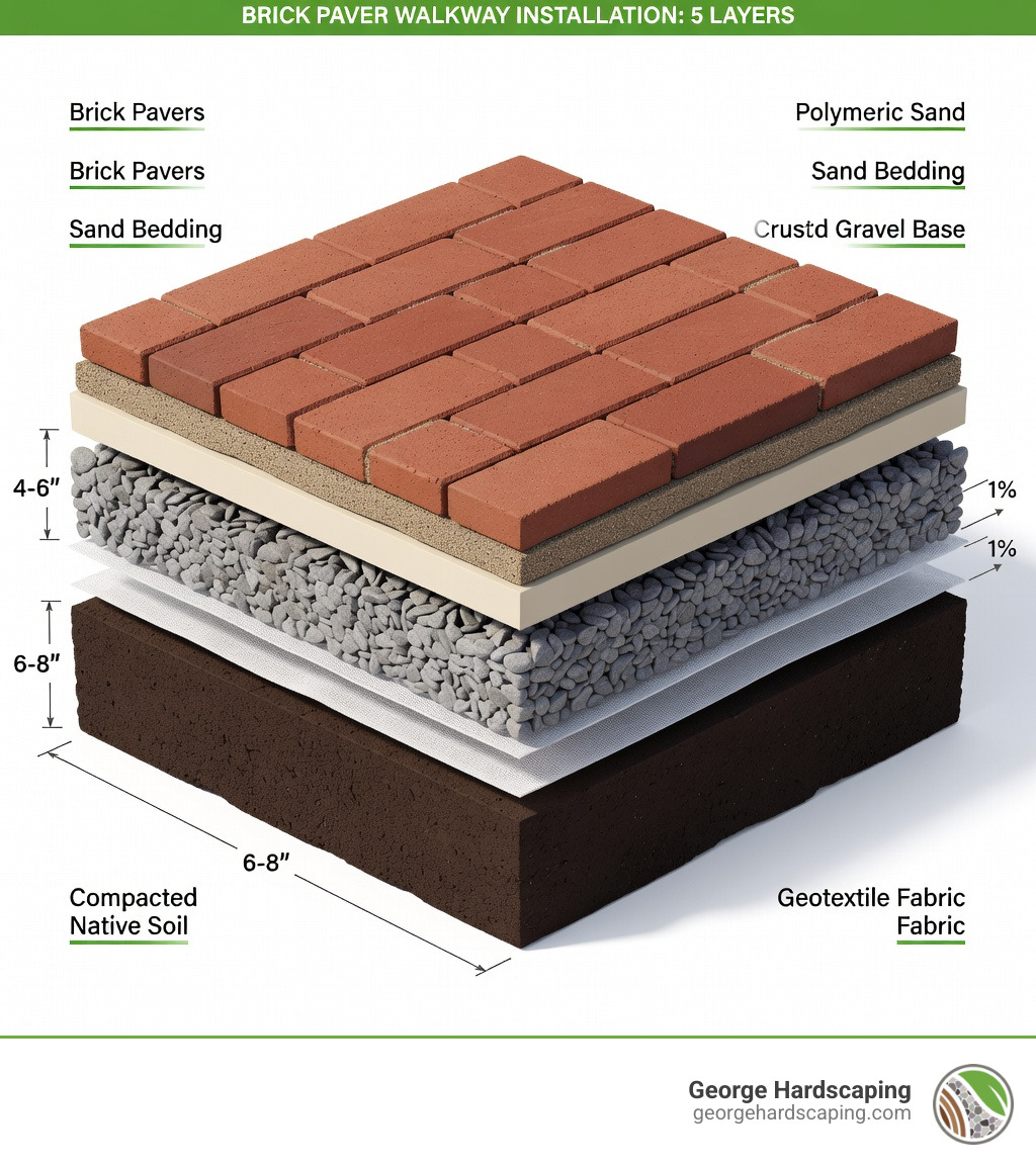 Detailed cross-section infographic showing the five layers of a professional brick paver walkway installation: compacted native soil at bottom, geotextile fabric layer, 4-6 inch crushed gravel base, 1-inch sand bedding layer, and brick pavers on top with polymeric sand joints, including measurements and drainage slope indicators - how to install a brick paver walkway on soil infographic 