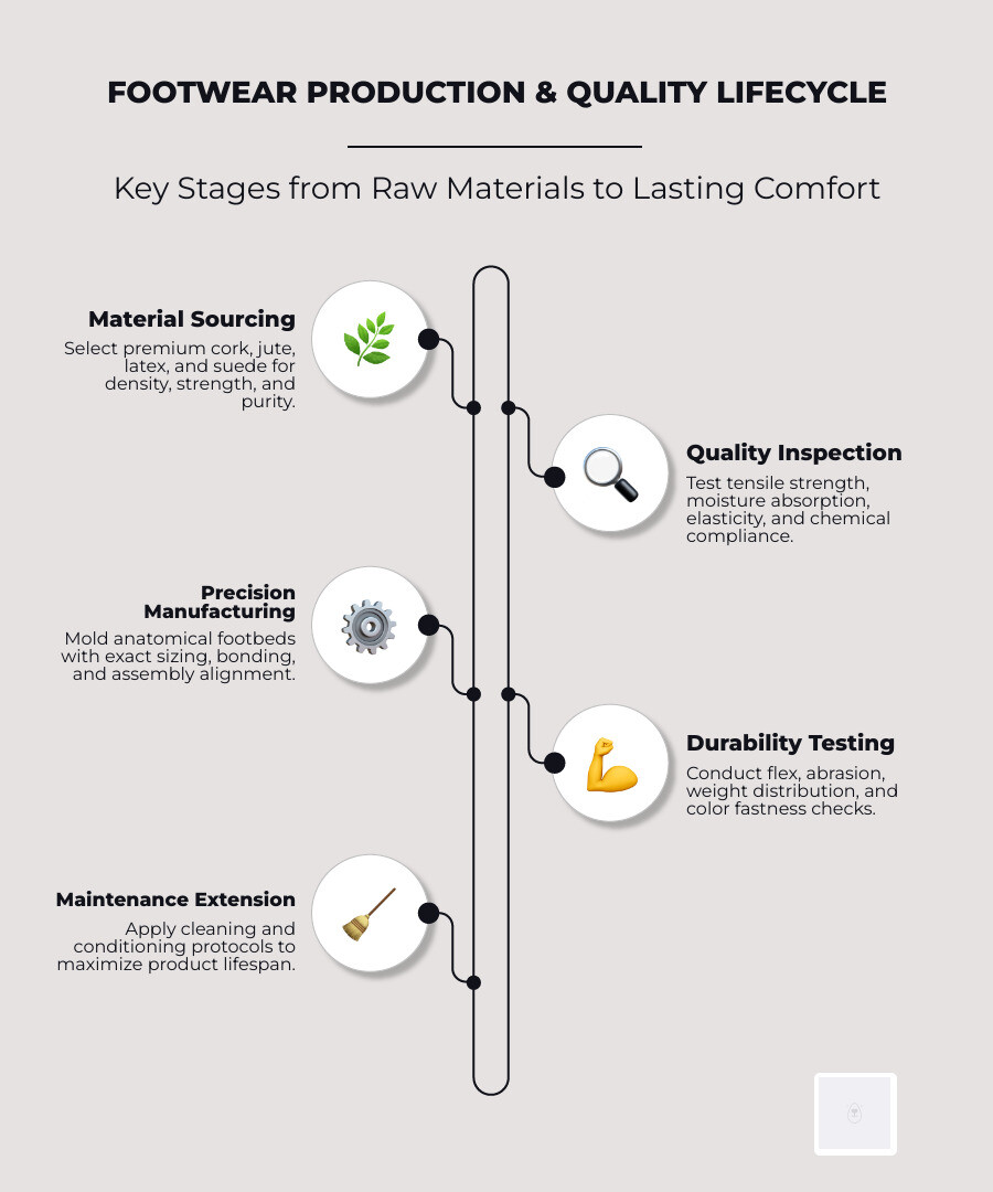 Infographic explaining the footwear production and quality lifecycle - best way to clean birkenstock insoles infographic infographic-line-5-steps-elegant_beige