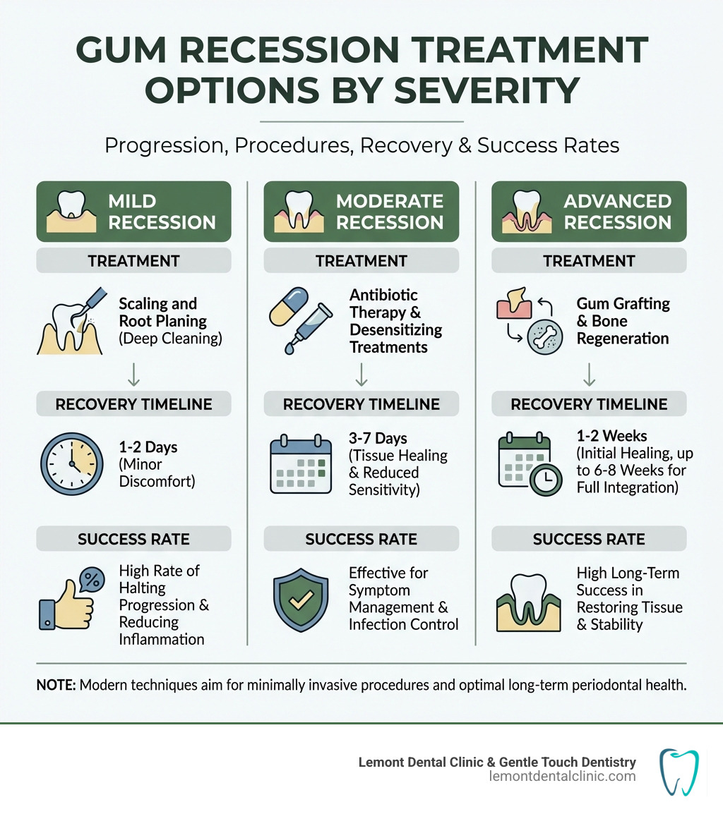 infographic showing gum recession treatment options organized by severity: mild recession with scaling and root planing, moderate recession with antibiotic therapy and desensitizing treatments, advanced recession with gum grafting and bone regeneration, plus recovery timelines and success rates for each approach - Gum recession treatment infographic 
